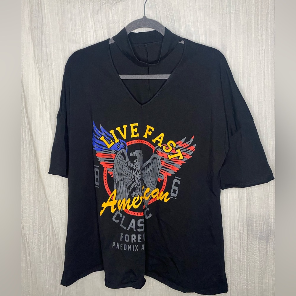 Black oversized graphic tee with cutout around neckline by SHEIN in size S